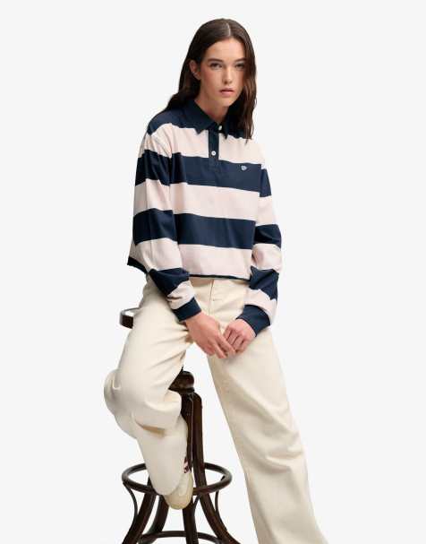 Superdry Athletic essential cropped stripe rugby top in standard navy/pink stripe