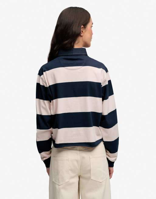 Superdry Athletic essential cropped stripe rugby top in standard navy/pink stripe, 2 of 5