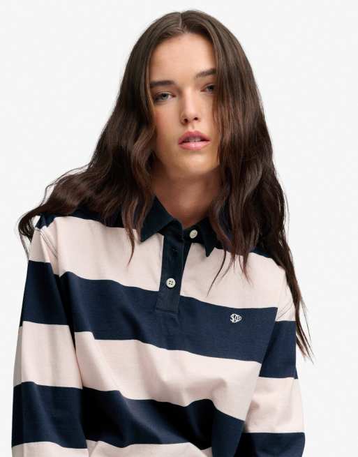 Superdry Athletic essential cropped stripe rugby top in standard navy/pink stripe, 3 of 5