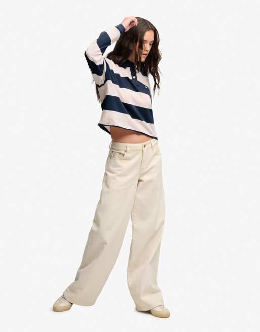 Superdry Athletic essential cropped stripe rugby top in standard navy/pink stripe, 4 of 5