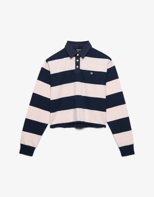 Superdry Athletic essential cropped stripe rugby top in standard navy/pink stripe, 5 of 5