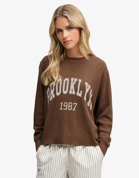Superdry Athletic essential graphic long sleeve top in chestnut brown marl