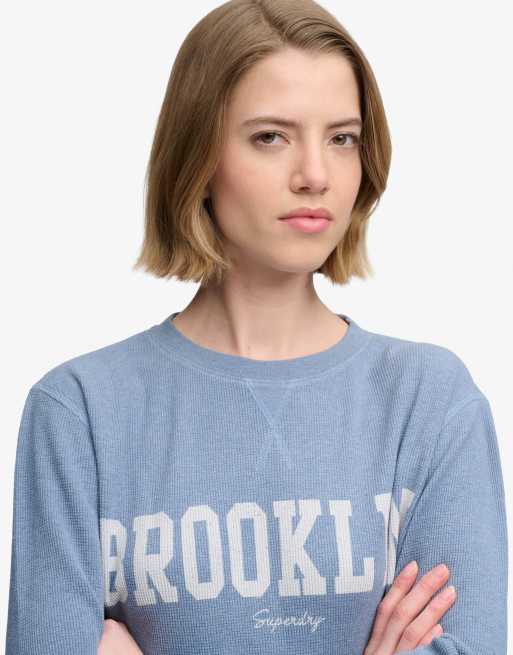 Superdry Athletic essential graphic long sleeve top in tidal blue marl, 3 of 4
