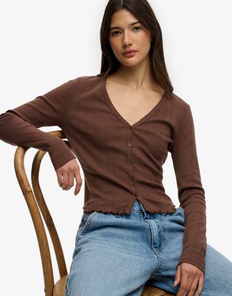 Superdry Athletic essential pointelle cardigan in chestnut brown