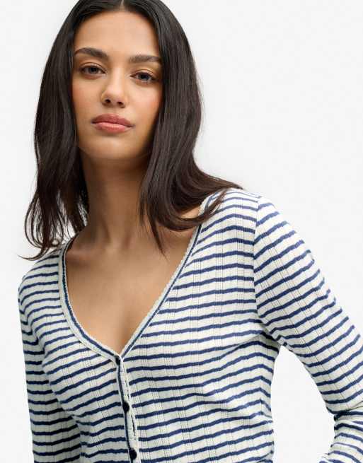 Superdry Athletic Essential Pointelle-Cardigan in Marineblau gestreift, 3 von 5