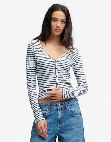 Superdry Athletic essential pointelle cardigan in mariner navy stripe - view 1