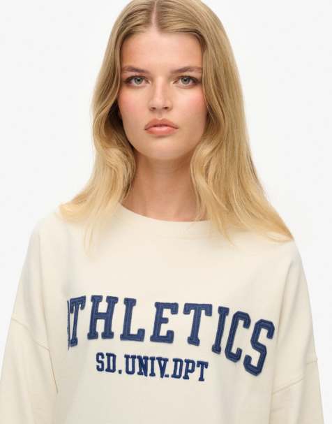 Superdry Athletic essentials applique crew sweatshirt in desert bone off white - view 1