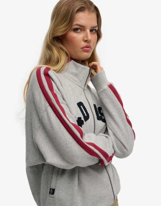 Superdry Athletic essentials applique loose zip track top in grey marl, 3 of 6