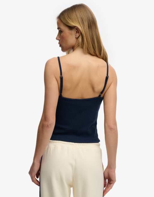 Superdry – Athletic Essentials – Camisole-Oberteil aus Pointelle in Lauren-Marineblau mit V-Ausschnitt, 2 von 4