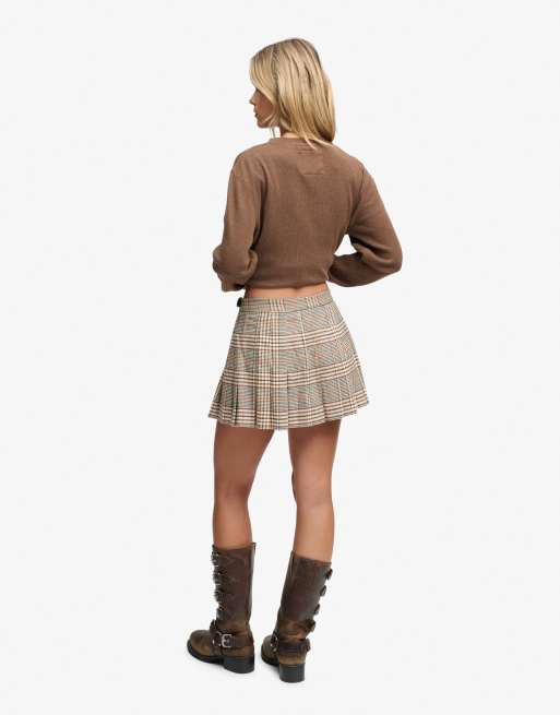 Superdry Athletic essentials check pleated skirt in beige/brown check, 2 of 6