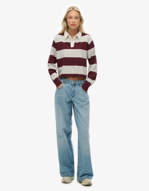 Superdry - Athletic Essentials - Crop top style rugby à rayures - Gris glacier chiné et rouge porto, 4 de 5