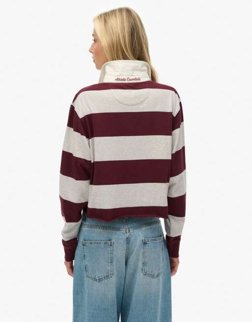 Superdry - Athletic Essentials - Crop top style rugby à rayures - Gris glacier chiné et rouge porto, 5 de 5