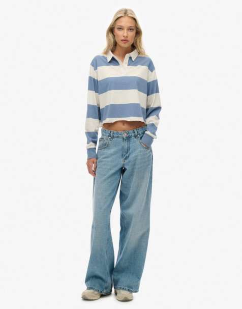 Superdry – Athletic Essentials – Cropped-Rugby-Oberteil in Gezeitenblau/Ecru gestreift - view 1