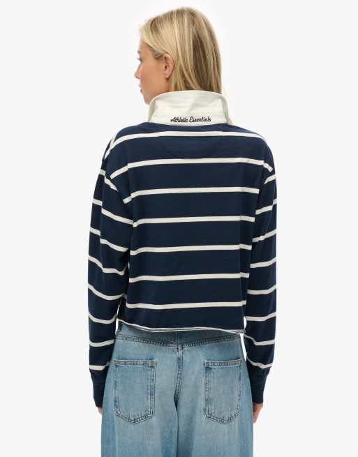 Superdry – Athletic Essentials – Cropped-Rugby-Oberteil in kräftigem Marineblau/Ecru gestreift, 2 von 5