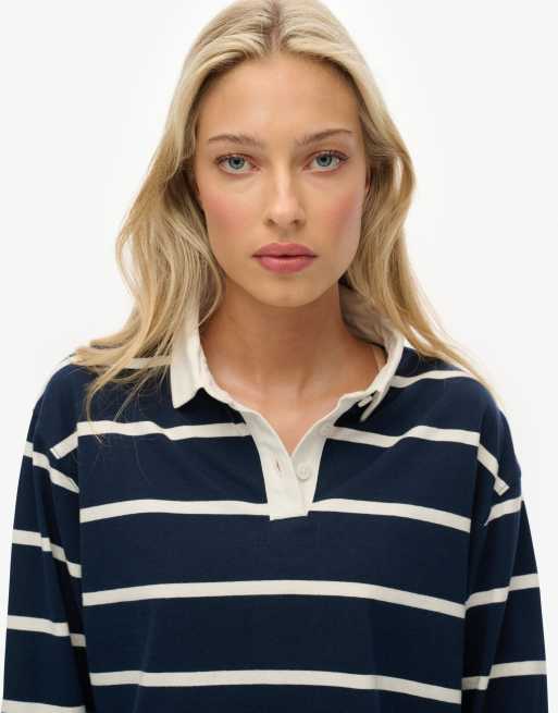 Superdry – Athletic Essentials – Cropped-Rugby-Oberteil in kräftigem Marineblau/Ecru gestreift, 3 von 5