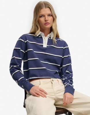 Athletic Essentials - Cropped-Rugby-Oberteil in Marineblau/Ecru gestreift Marineblau 34