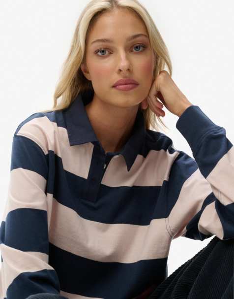 Superdry Athletic essentials cropped stripe rugby top in lauren navy/pink stripe - view 1