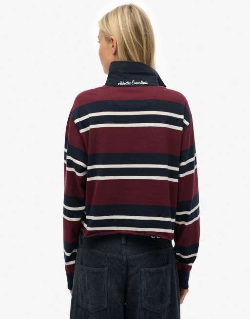 Superdry Athletic essentials cropped stripe rugby top in port red/ecru stripe, 2 of 5
