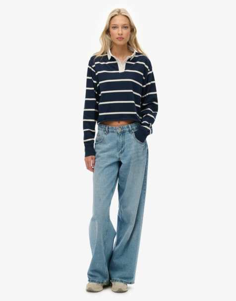 Superdry Athletic essentials cropped stripe rugby top in richest navy/ecru stripe