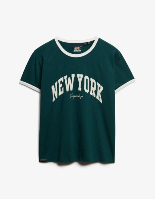 Superdry – Athletic Essentials – Figurbetontes Ringer-T-Shirt in dunklem Kieferngrün