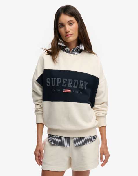 Superdry Athletic essentials flag embroidered sweatshirt in desert bone off white - view 1