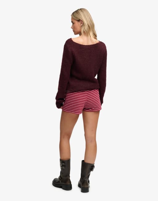 Superdry Athletic essentials fold over towelling shorts in port red stripe, 3 of 6