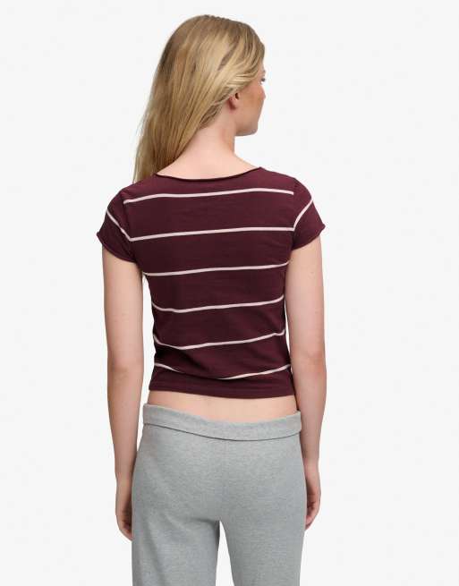 Superdry Athletic essentials gathered pattern top in port red stripe, 2 of 6