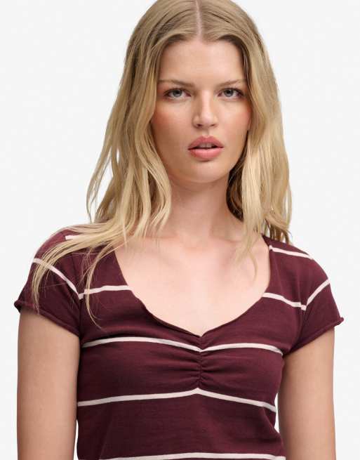 Superdry Athletic essentials gathered pattern top in port red stripe, 3 of 6
