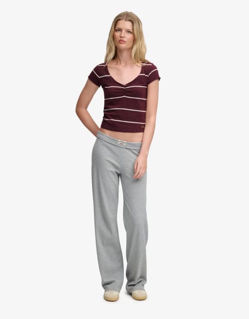 Superdry Athletic essentials gathered pattern top in port red stripe, 4 of 6