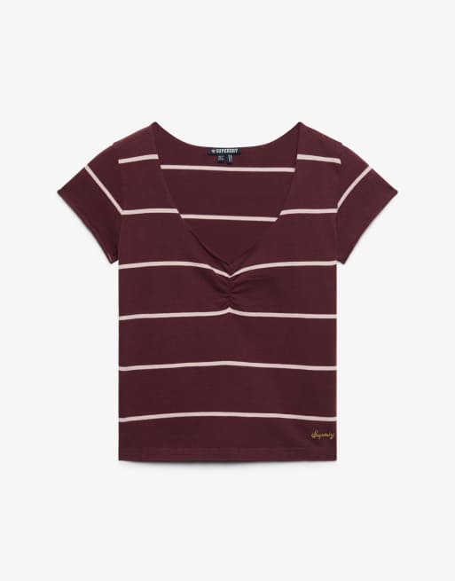 Superdry Athletic essentials gathered pattern top in port red stripe, 6 of 6