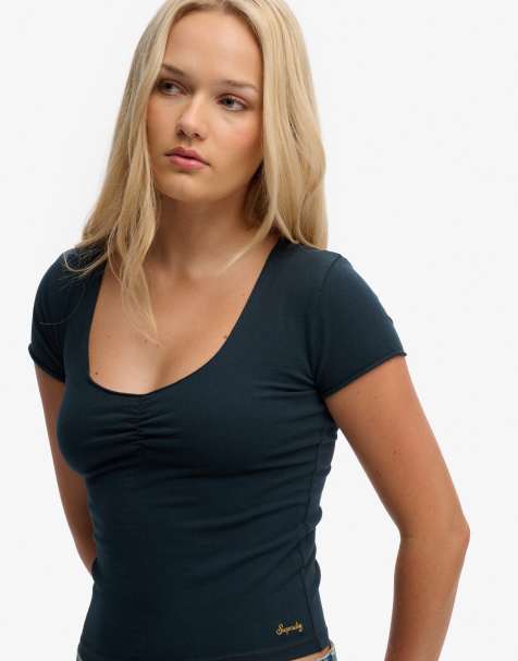 Superdry Athletic essentials gathered short sleeve top in eclipse navy - view 1