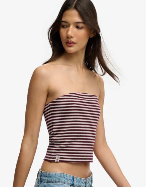 Superdry – Athletic Essentials – Gestreiftes, trägerloses Jersey-Oberteil in Portweinrot/Grau meliert - view 1