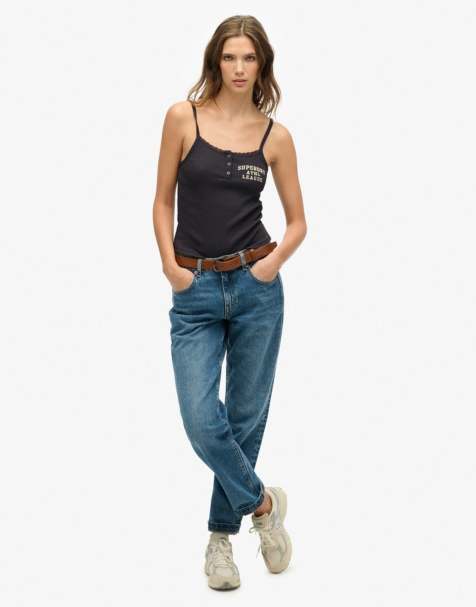 Superdry Athletic essentials graphic button cami top in charcoal