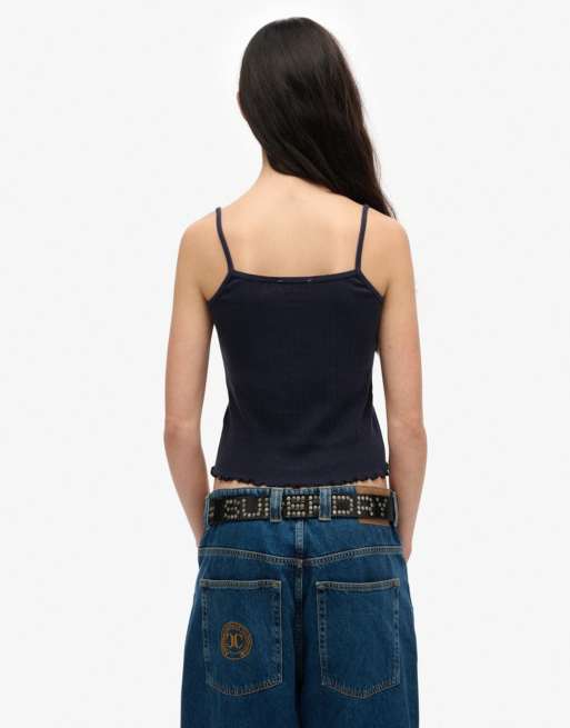 Superdry Athletic essentials graphic pointelle cami top in richest navy, 3 of 4