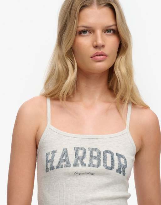 Superdry Athletic essentials graphic print cami top in iced grey marl, 3 of 6