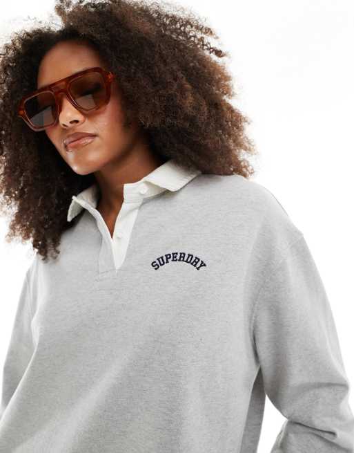 Superdry Athletic essentials graphic rugby shirt in glacier grey marl