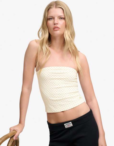 Superdry Athletic essentials jersey bandeau top in desertbone off white polka dot - view 1
