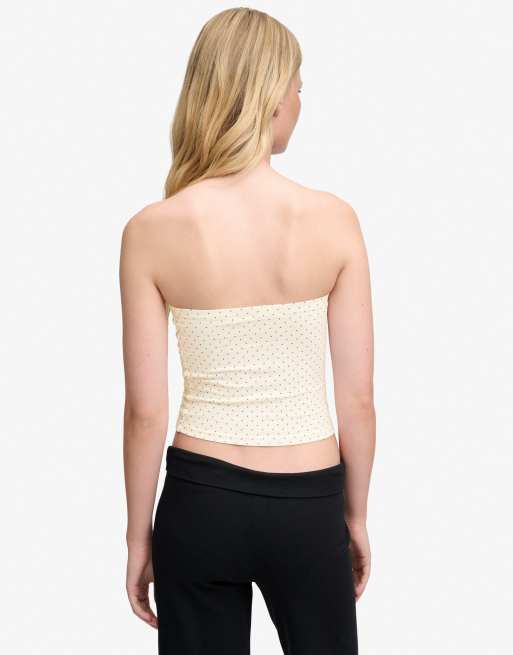Superdry Athletic essentials jersey bandeau top in desertbone off white polka dot, 2 of 6