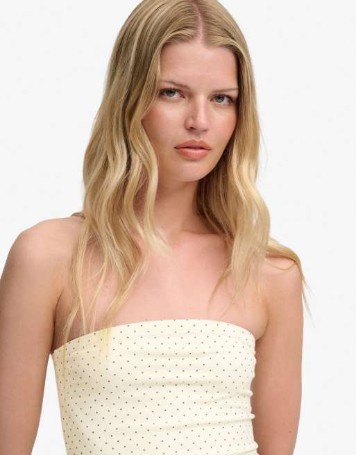 Superdry Athletic essentials jersey bandeau top in desertbone off white polka dot, 3 of 6