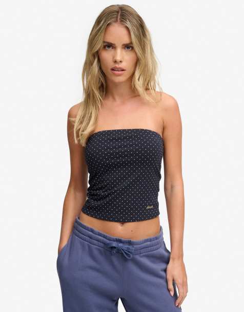 Superdry Athletic essentials jersey bandeau top in eclipse navy polka dot - view 1