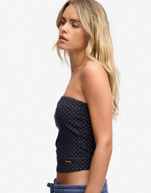 Superdry Athletic essentials jersey bandeau top in eclipse navy polka dot, 3 of 5