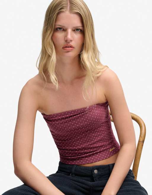 Superdry Athletic essentials jersey bandeau top in port red polka dot, 4 of 6