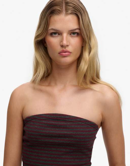 Superdry Athletic essentials jersey bandeau top in port red stripe, 3 of 6