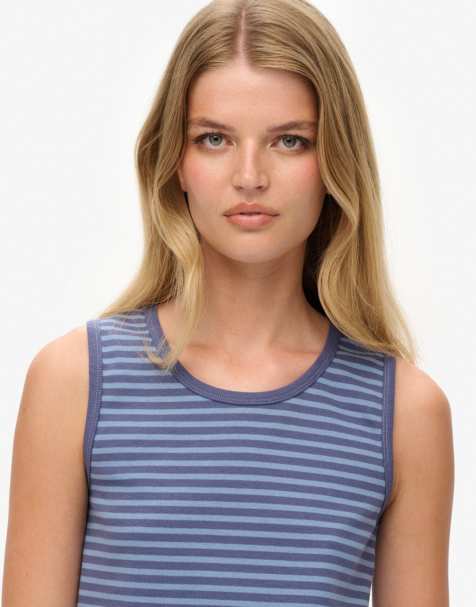 Superdry Athletic essentials jersey stripe tank top in mariner navy/tidal blue stripe - view 1