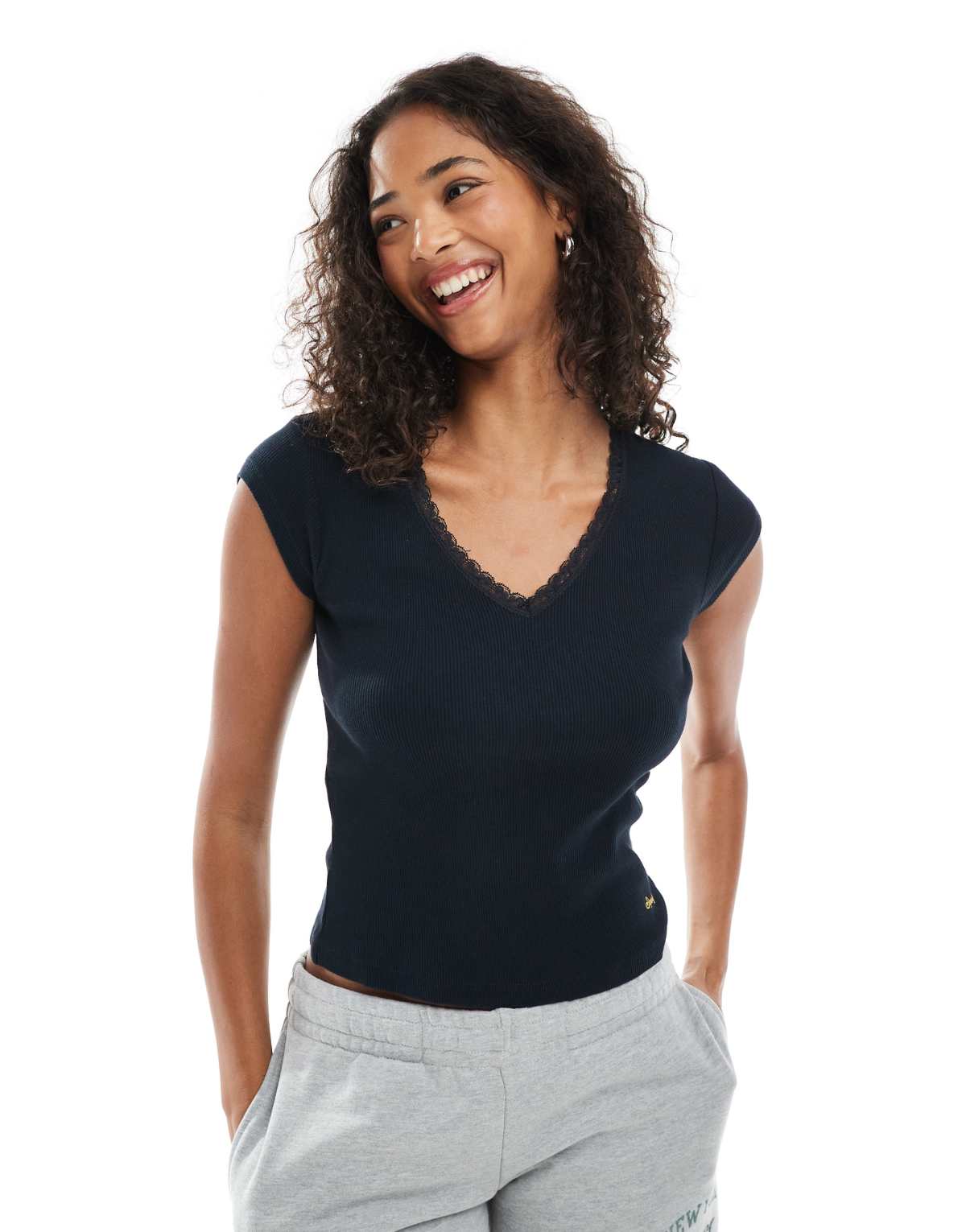 Superdry Athletic essentials lace trim v-neck t-shirt in eclipse navy