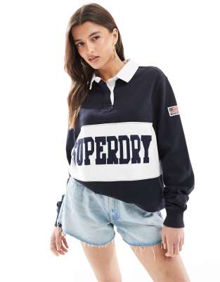 Superdry Athletic essentials oversized rugby top in eclipse navy