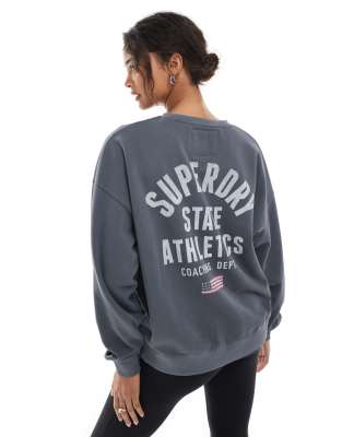 Superdry Athletic essentials printed crew sweatshirt in charcoal/off white-Grey