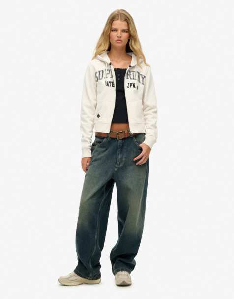 Superdry Athletic essentials relaxed cropped zip hoodie in desert bone off white - view 1