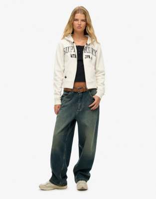 Superdry - Athletic Essentials - Relaxed Fit Cropped Kapuzenjacke in Wüstenknochen-Wollweiß