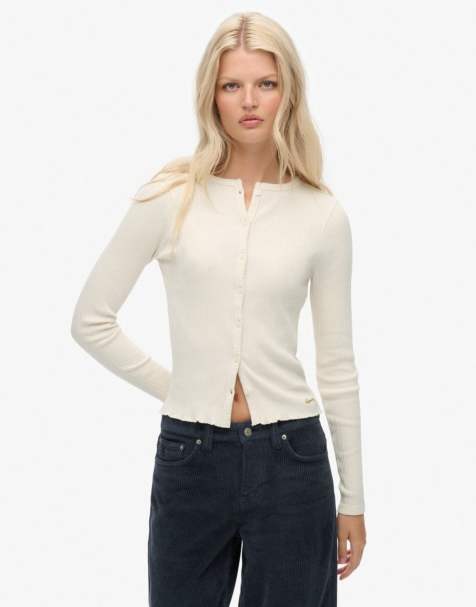 Superdry Athletic essentials ribbed cardigan in desert bone off white - view 1